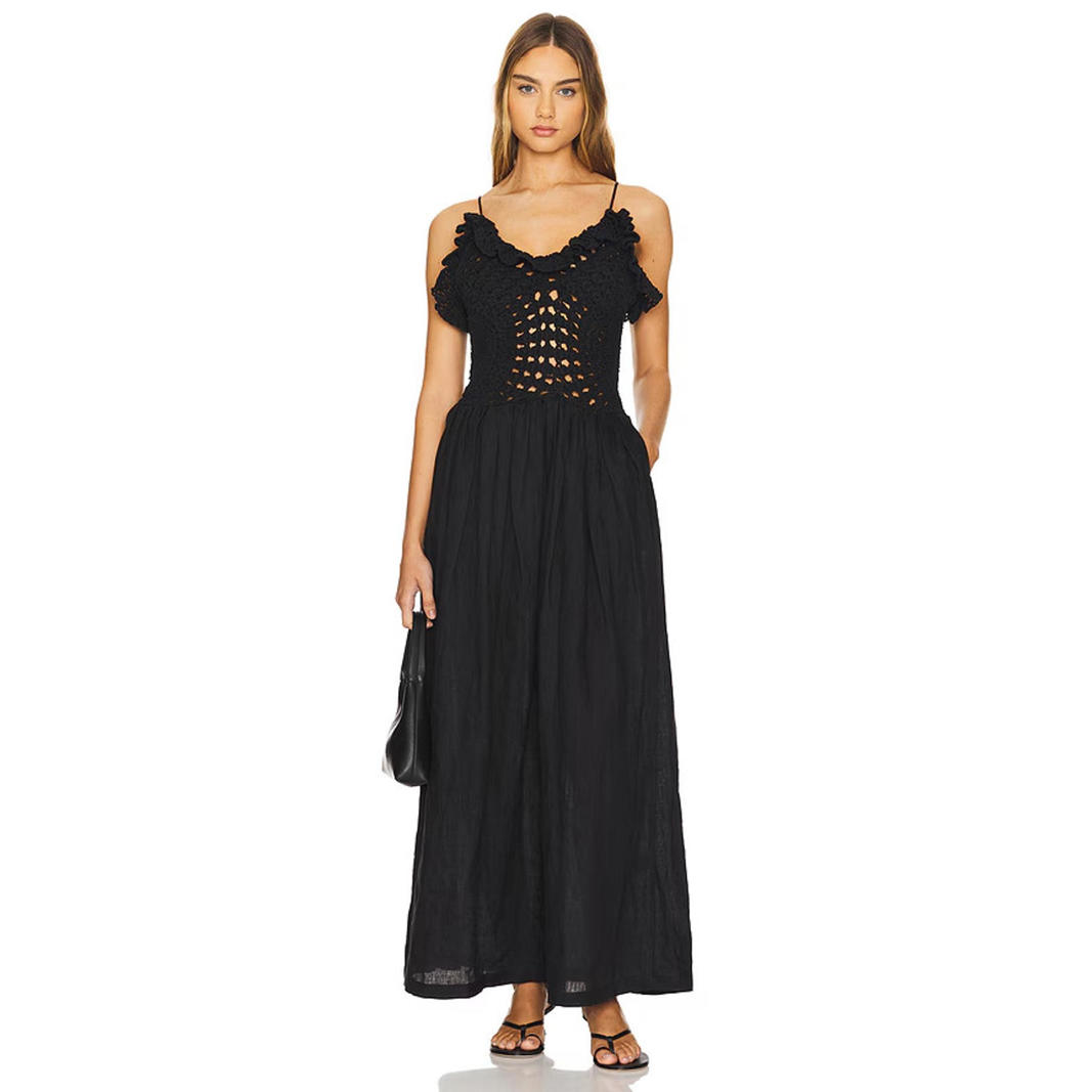 Revolve L'academie Marianna Sylvie Crochet Maxi Linen Dress Black S Nwt $328msrp